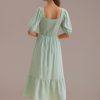 Clearance Embroidered Short Sleeve Square Neck Midi Dress Sea Green