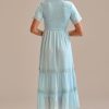 Wholesale Short Sleeve Round Neck Smocked Tiered Midi Dress Blue