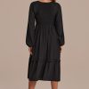 Wholesale Long Sleeve V Neck Smocked Tiered Midi Dress Black