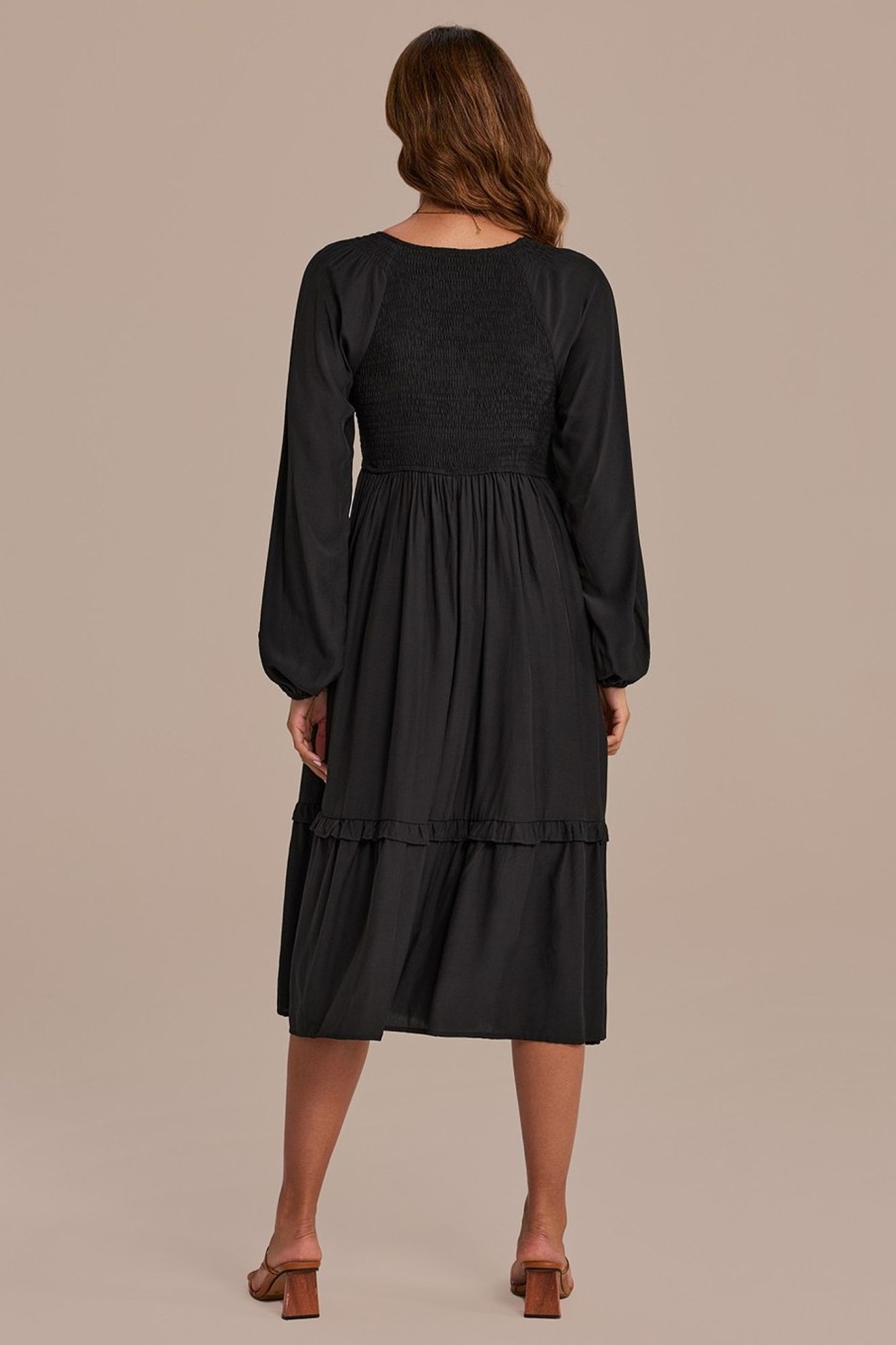 Wholesale Long Sleeve V Neck Smocked Tiered Midi Dress Black