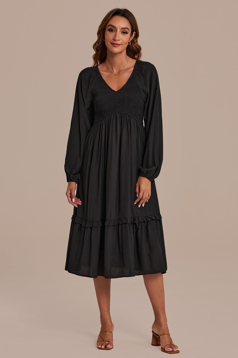 Wholesale Long Sleeve V Neck Smocked Tiered Midi Dress Black