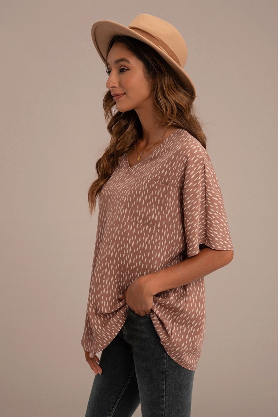 Online Animal Print V Neck Front Pocket Top Rust