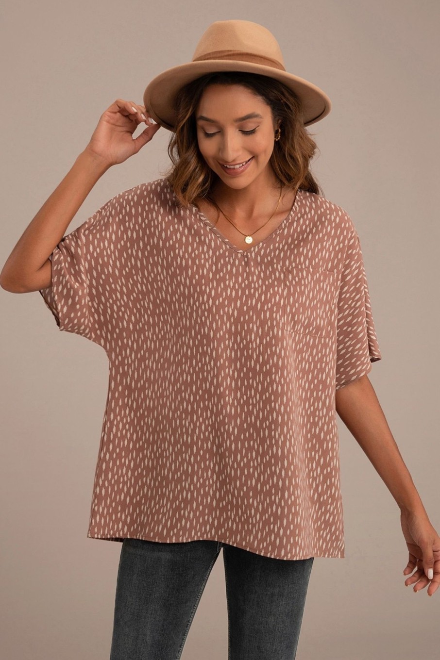 Online Animal Print V Neck Front Pocket Top Rust