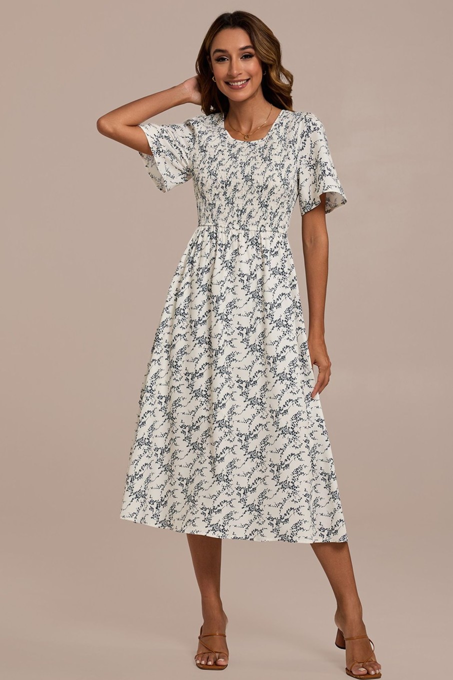 Clearance Round Neck Short Sleeve Smocked Midi Dress Floral