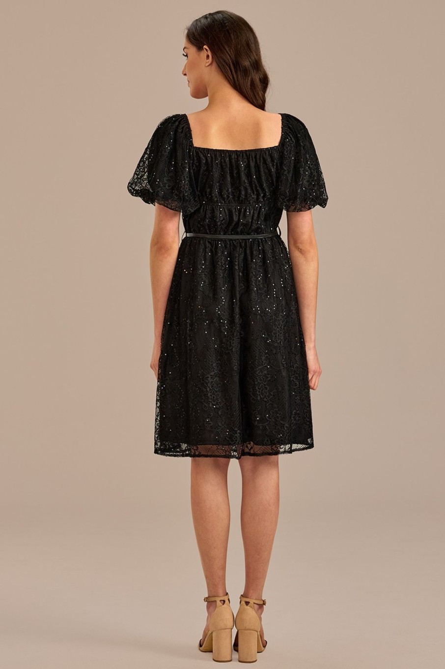 Wholesale Lace Short Sleeve Square Neck Midi Dress Black