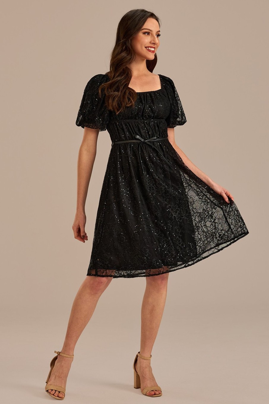 Wholesale Lace Short Sleeve Square Neck Midi Dress Black