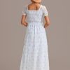 Wholesale Floral Short Puff Sleeve Square Neck Smocked Tiered Maxi Dress White