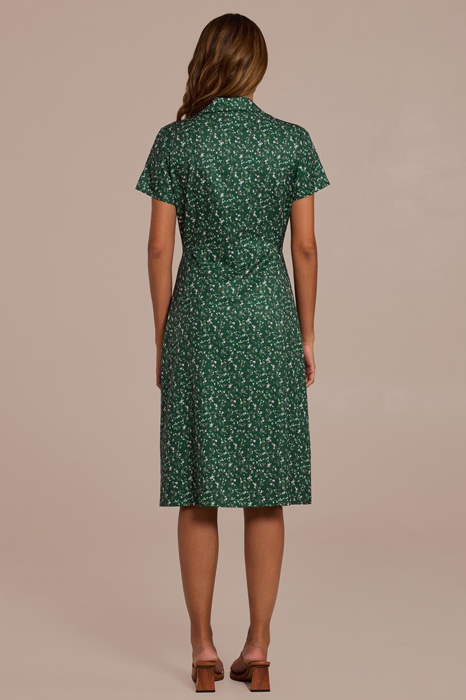 Best Floral Short Sleeve Collared Neck Buttons Midi Dress Green