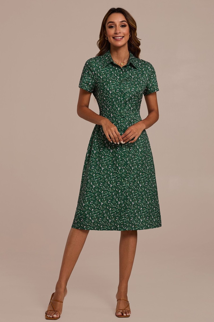 Best Floral Short Sleeve Collared Neck Buttons Midi Dress Green