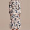 Online Leaves Print Long Sleeve V Neck Smocked Midi Dress Blue