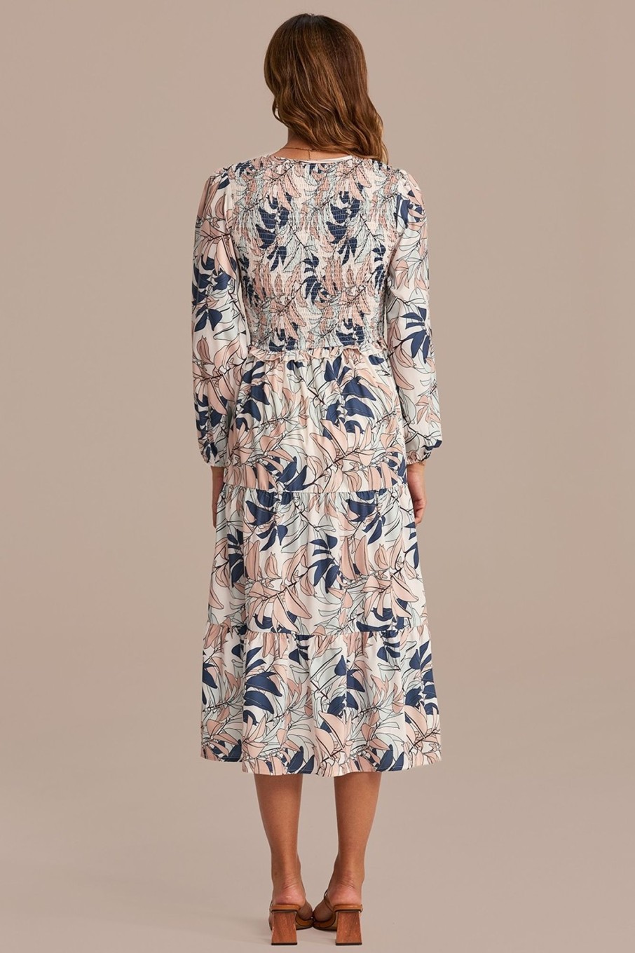 Online Leaves Print Long Sleeve V Neck Smocked Midi Dress Blue