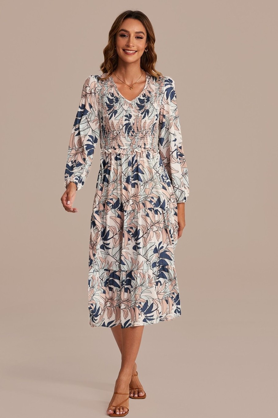 Online Leaves Print Long Sleeve V Neck Smocked Midi Dress Blue