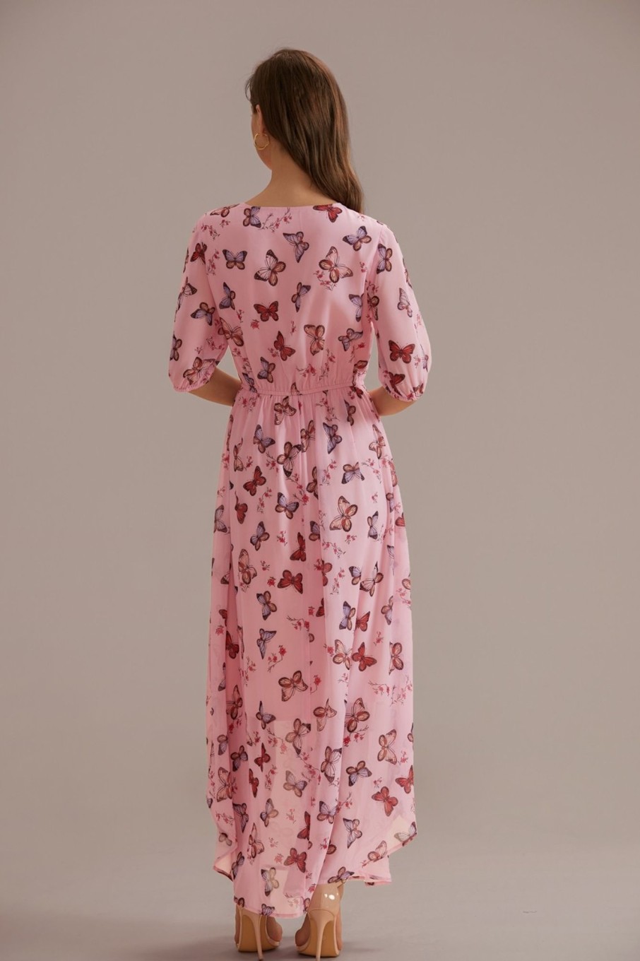 Hot Butterfly Print Short Sleeve Round Neck Midi Dress Pink