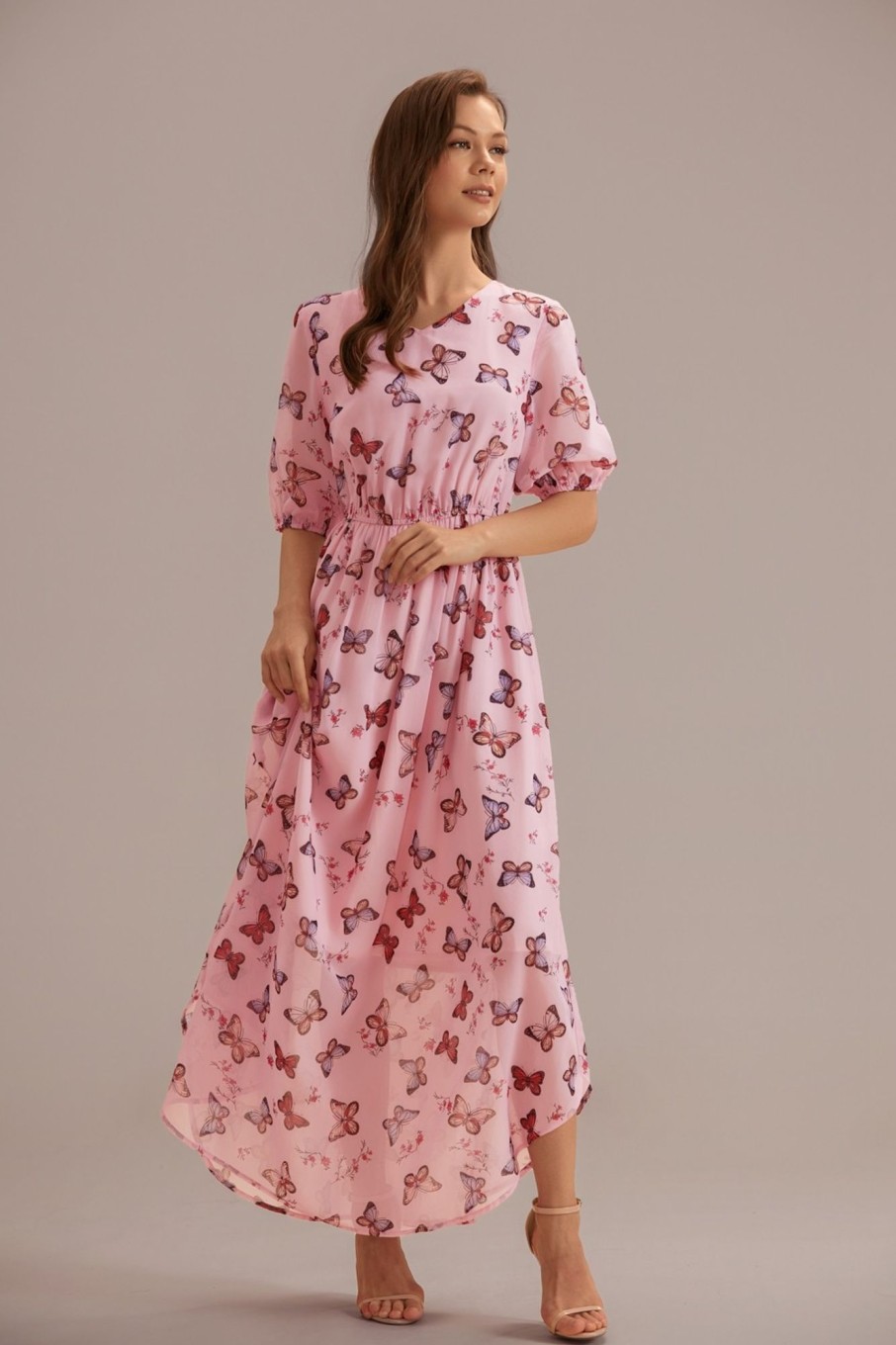 Hot Butterfly Print Short Sleeve Round Neck Midi Dress Pink