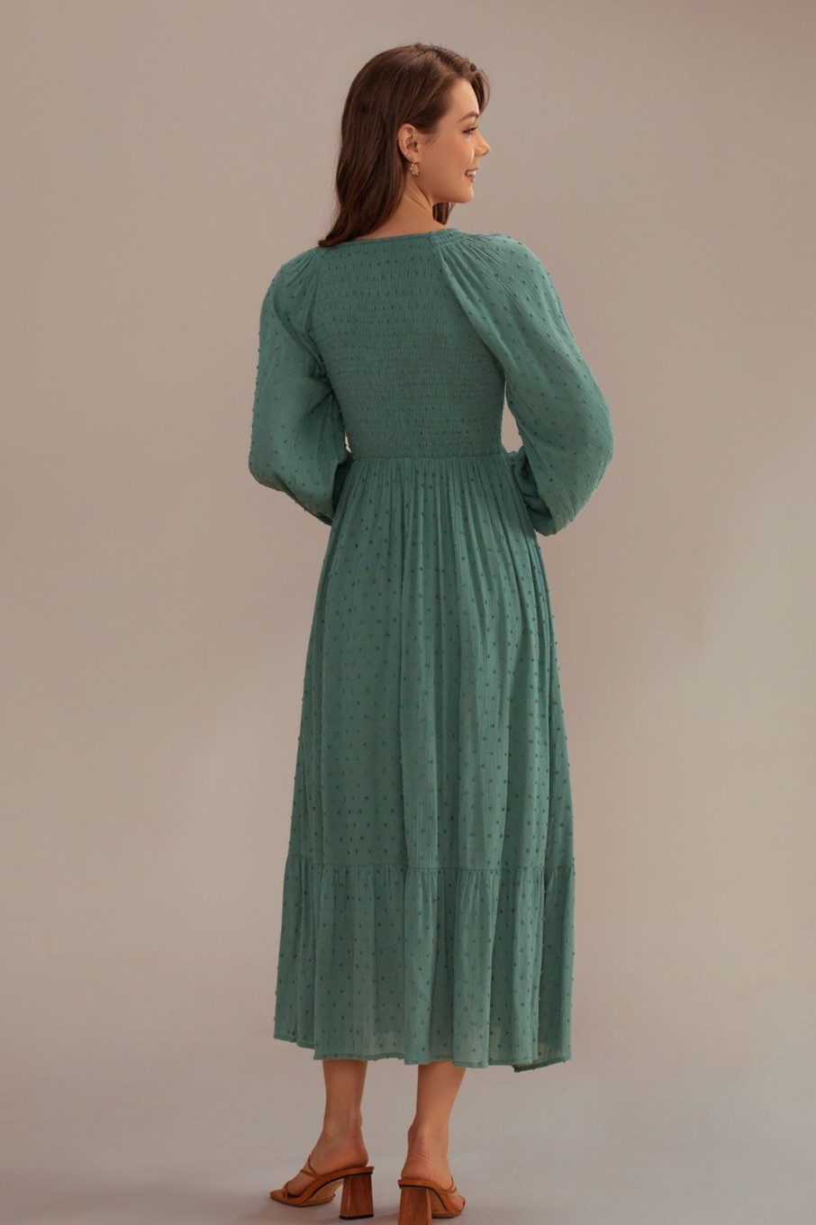 Wholesale Long Sleeve V Neck Smocked Dotted Midi Dress Dark Sage