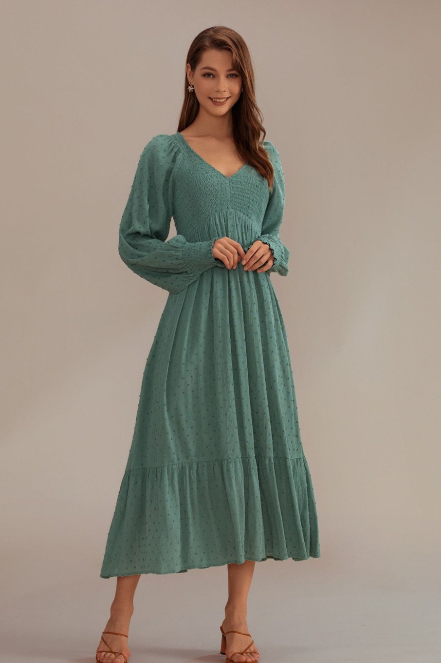 Wholesale Long Sleeve V Neck Smocked Dotted Midi Dress Dark Sage