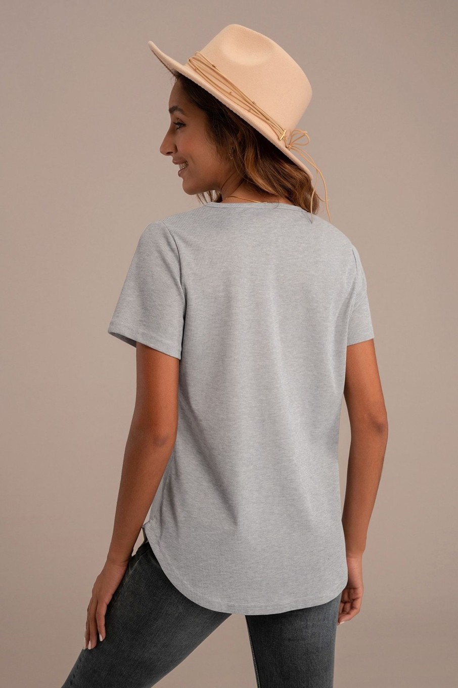 Best Grey Ribbed V Neck Short Sleeve Button Detail Top Heather Grey