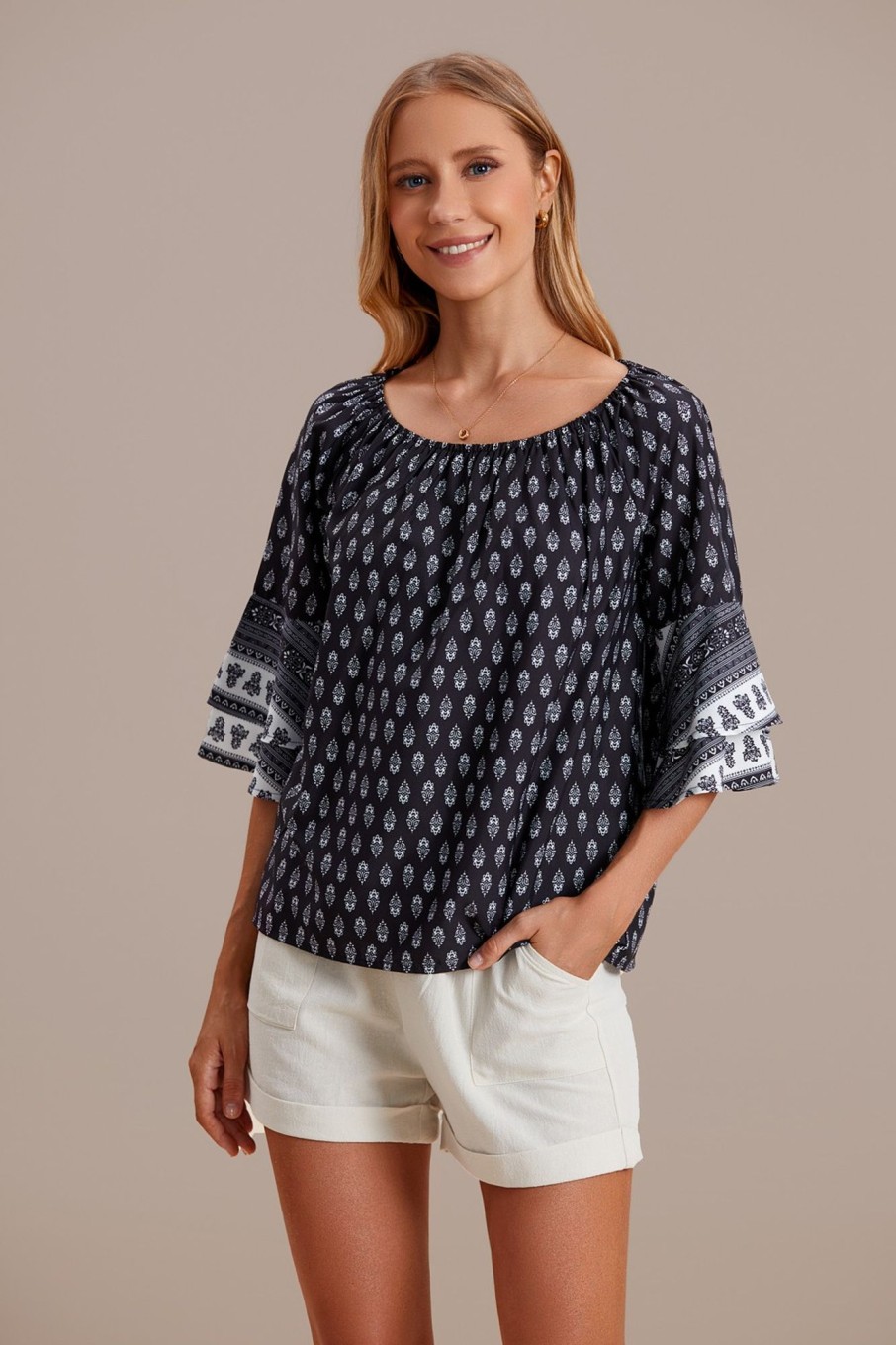 Clearance Print Half Sleeve Round Neck Loose Blouse Multi