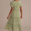 Online Green Short Sleeve Round Neck Tiered Ruffled Midi Dress Pale Sage Green