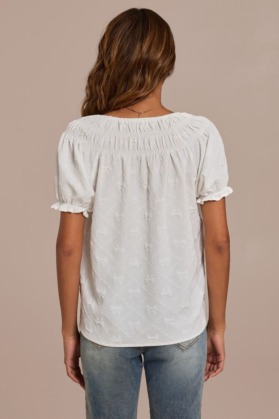 Clearance Textured Short Ruffle Sleeve Round Neck Top White