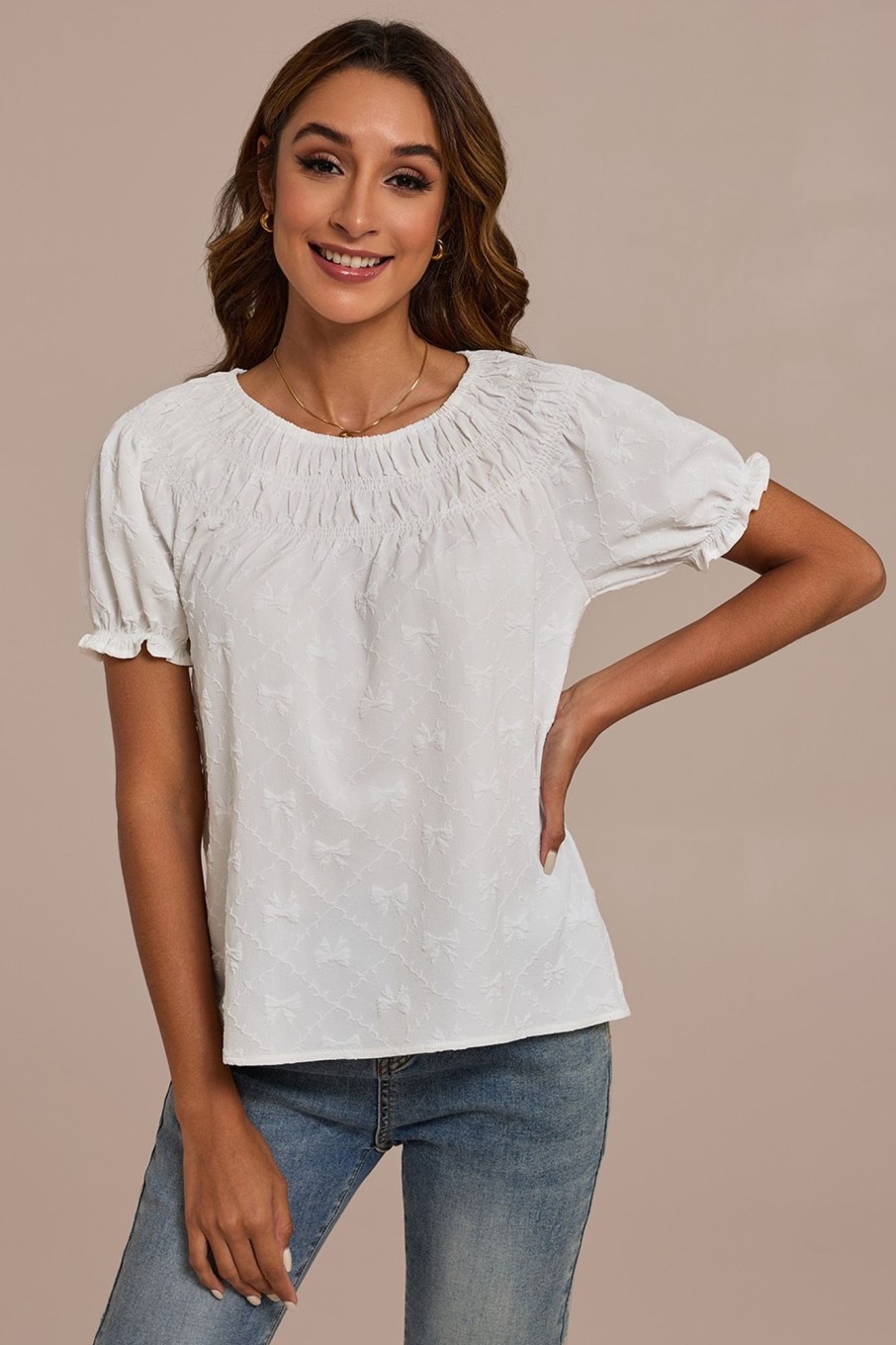 Clearance Textured Short Ruffle Sleeve Round Neck Top White