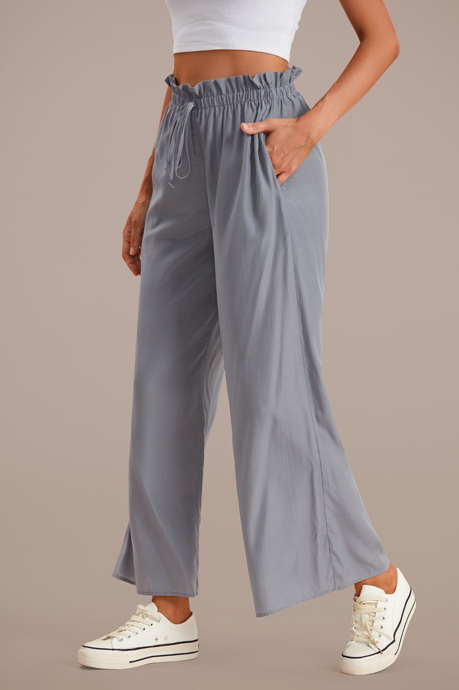 Online Drawstring Waist Wide Leg Pants Gray