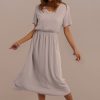 Wholesale Short Sleeve V Neck Gathered Elastic Waist Rayon Maxi Dress Grey