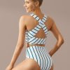 New Stripe And Cross Wide Straps Mid Waist Bikini Set White