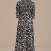 Clearance Floral Half Sleeve Round Neck Smocked Tiered Midi Dress Black