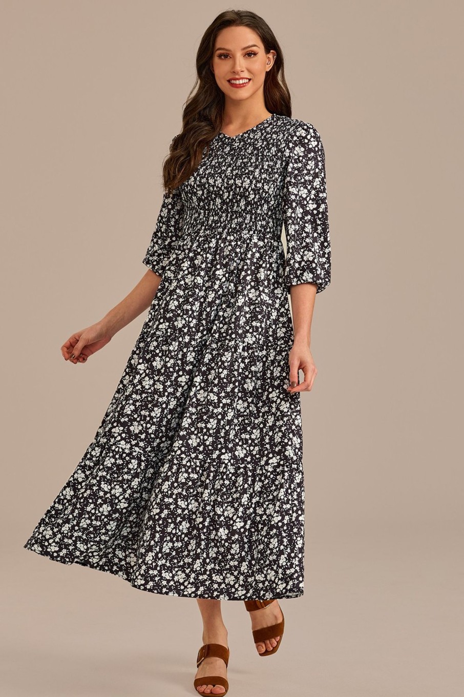 Clearance Floral Half Sleeve Round Neck Smocked Tiered Midi Dress Black