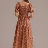 Clearance Short Sleeve Square Neck Smocked Maxi Dress Rust