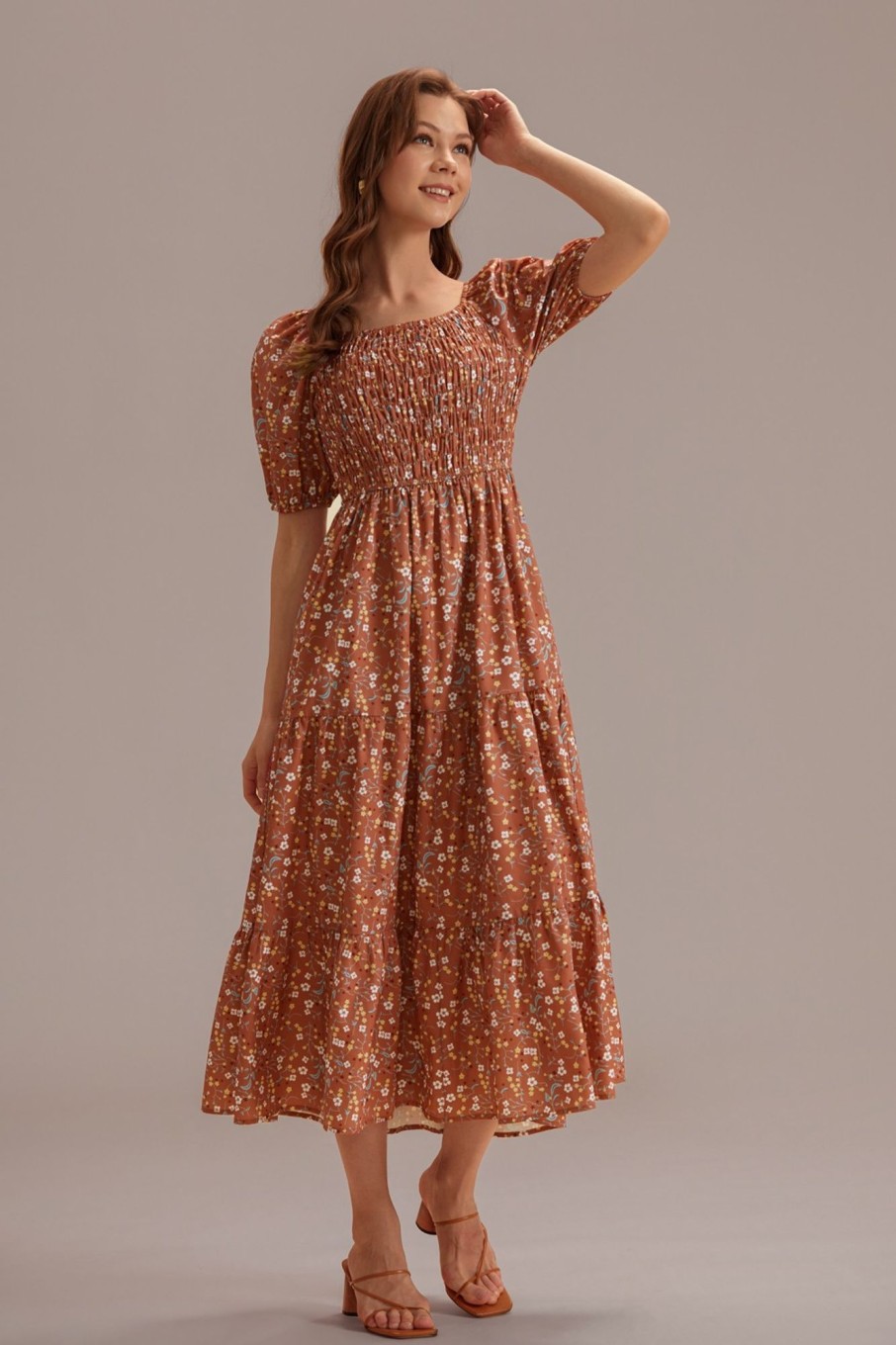 Clearance Short Sleeve Square Neck Smocked Maxi Dress Rust