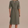 Clearance Floral Embroidery Half Sleeve Round Neck Swiss Dots Midi Dress Olive