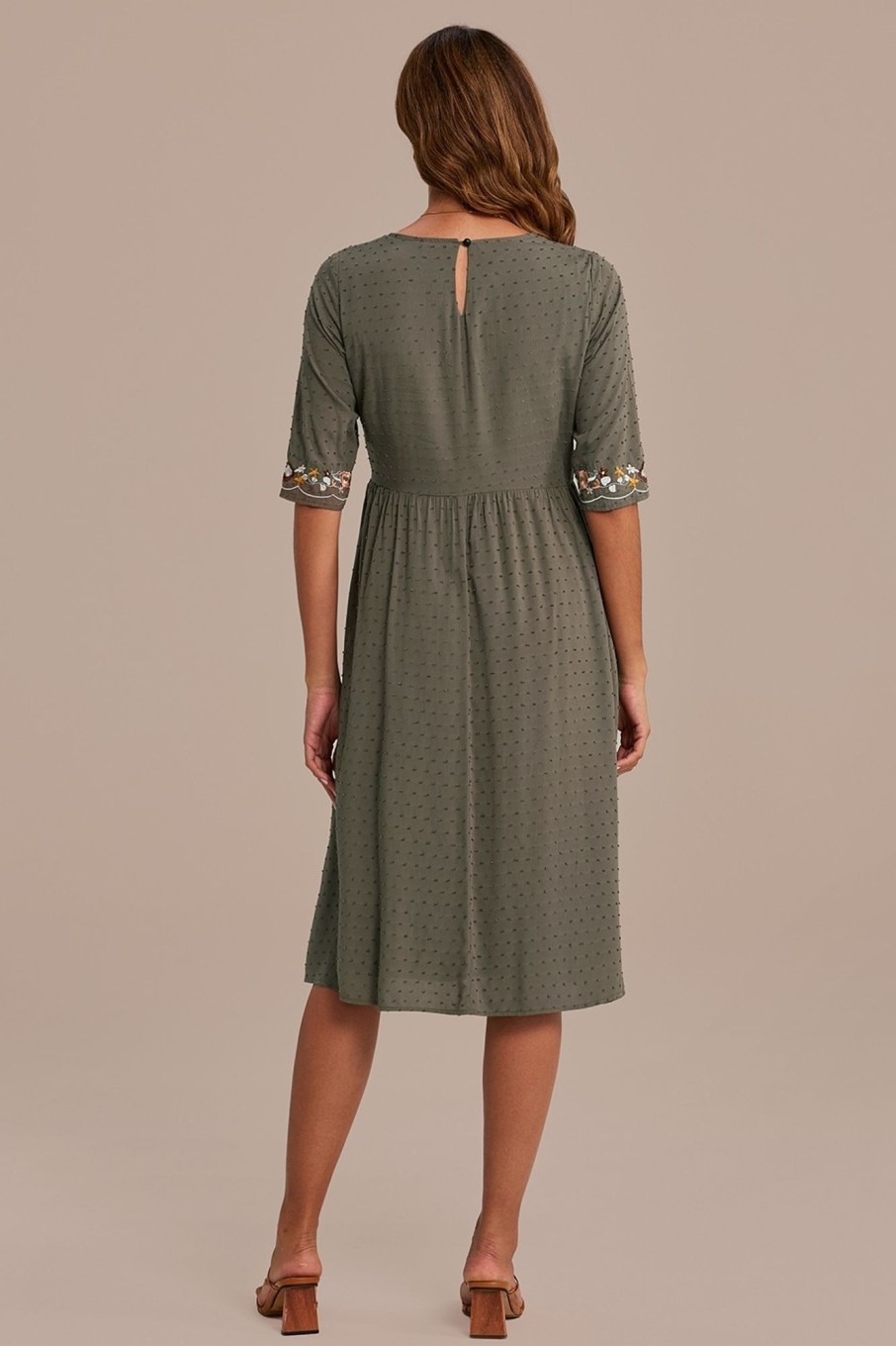 Clearance Floral Embroidery Half Sleeve Round Neck Swiss Dots Midi Dress Olive