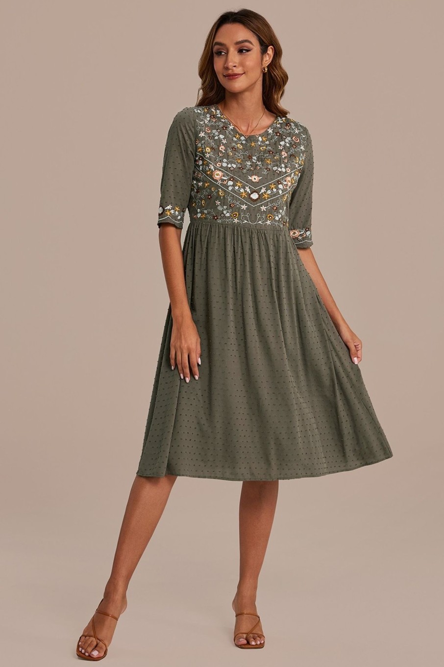 Clearance Floral Embroidery Half Sleeve Round Neck Swiss Dots Midi Dress Olive