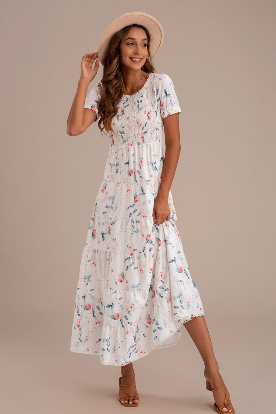 Wholesale Floral Short Sleeve Round Neck Smocked Maxi Dress Multi