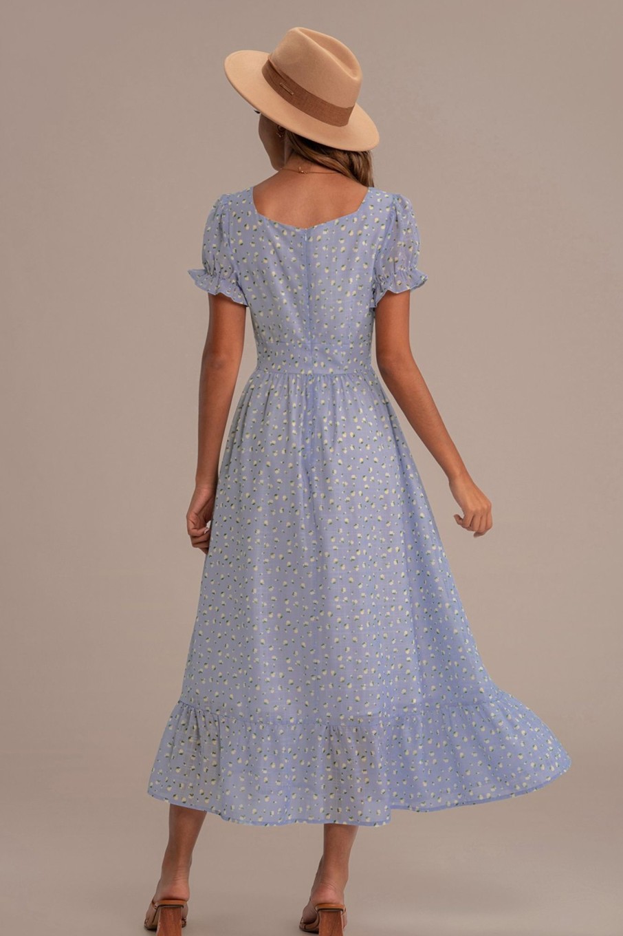 Online Cute Floral Short Sleeve Square Neck Buttons Maxi Dress Light Blue