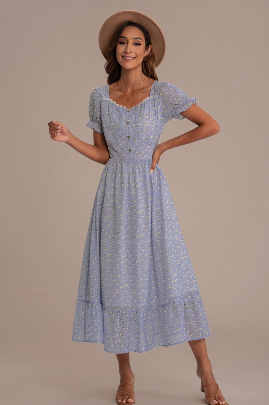 Online Cute Floral Short Sleeve Square Neck Buttons Maxi Dress Light Blue