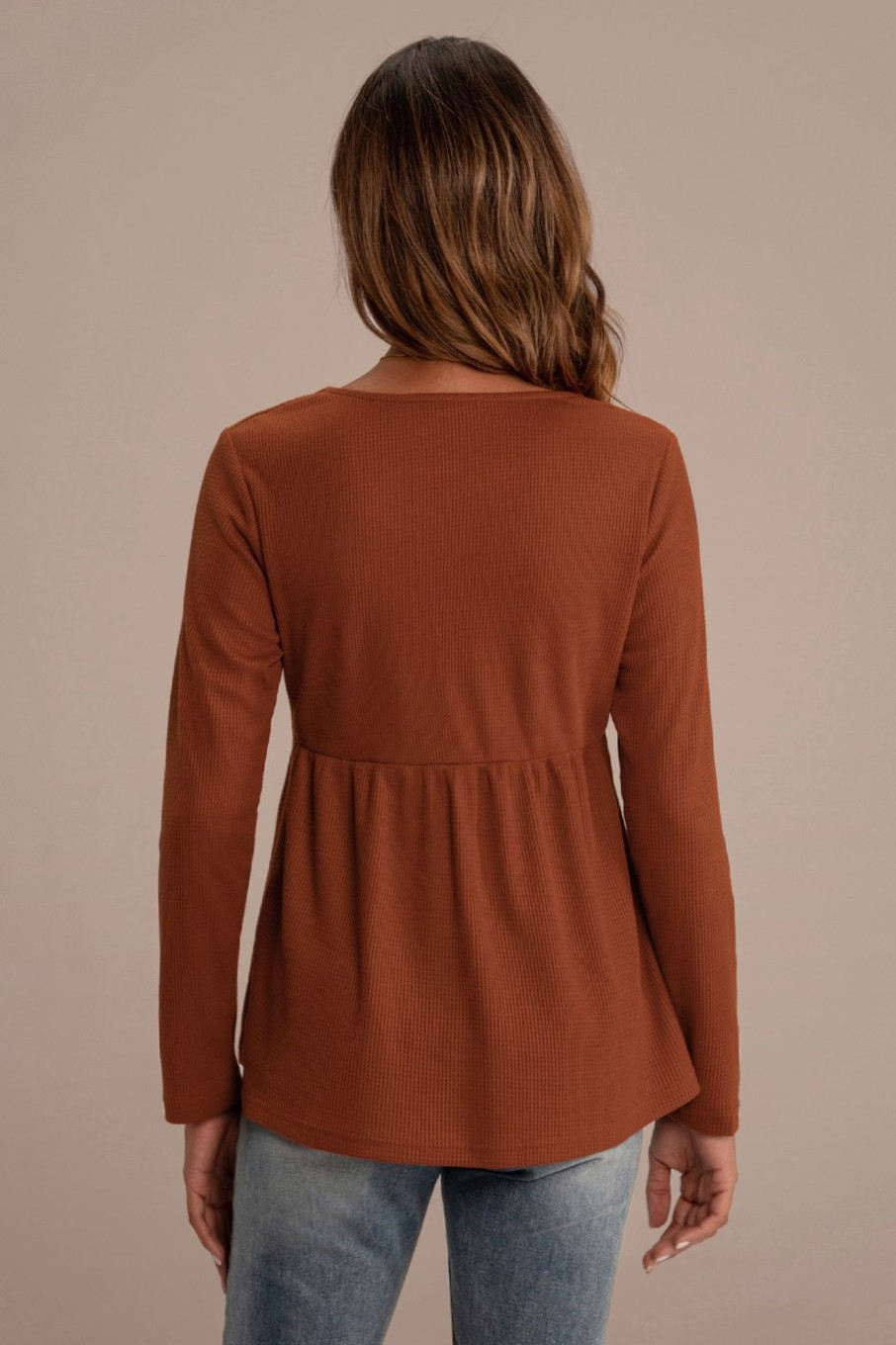 Best Solid Color V Neck Long Sleeve Waffle Top Dark Orange