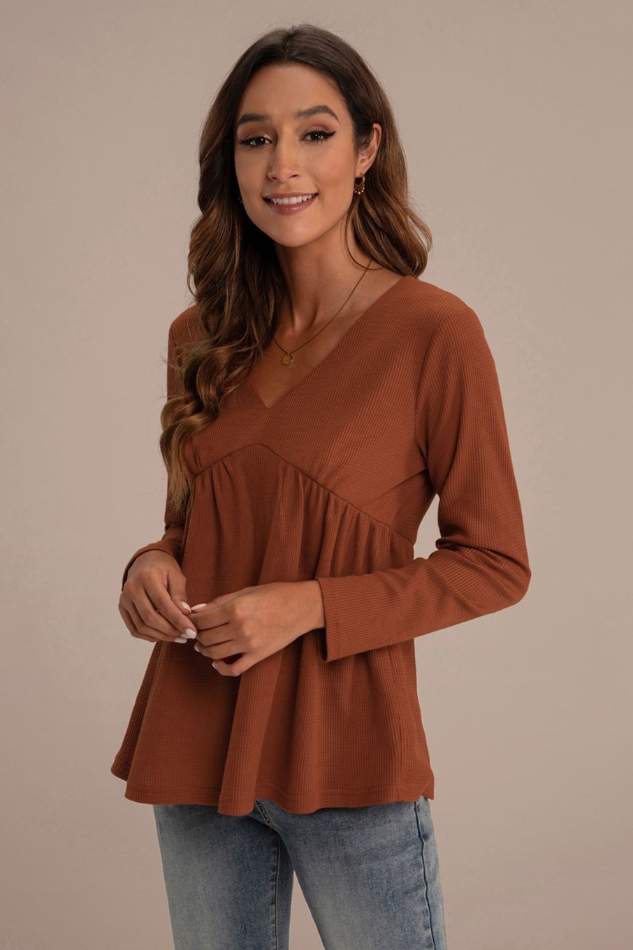 Best Solid Color V Neck Long Sleeve Waffle Top Dark Orange