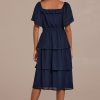 Clearance Short Sleeve Square Neck Tiered Midi Dress Dark Blue