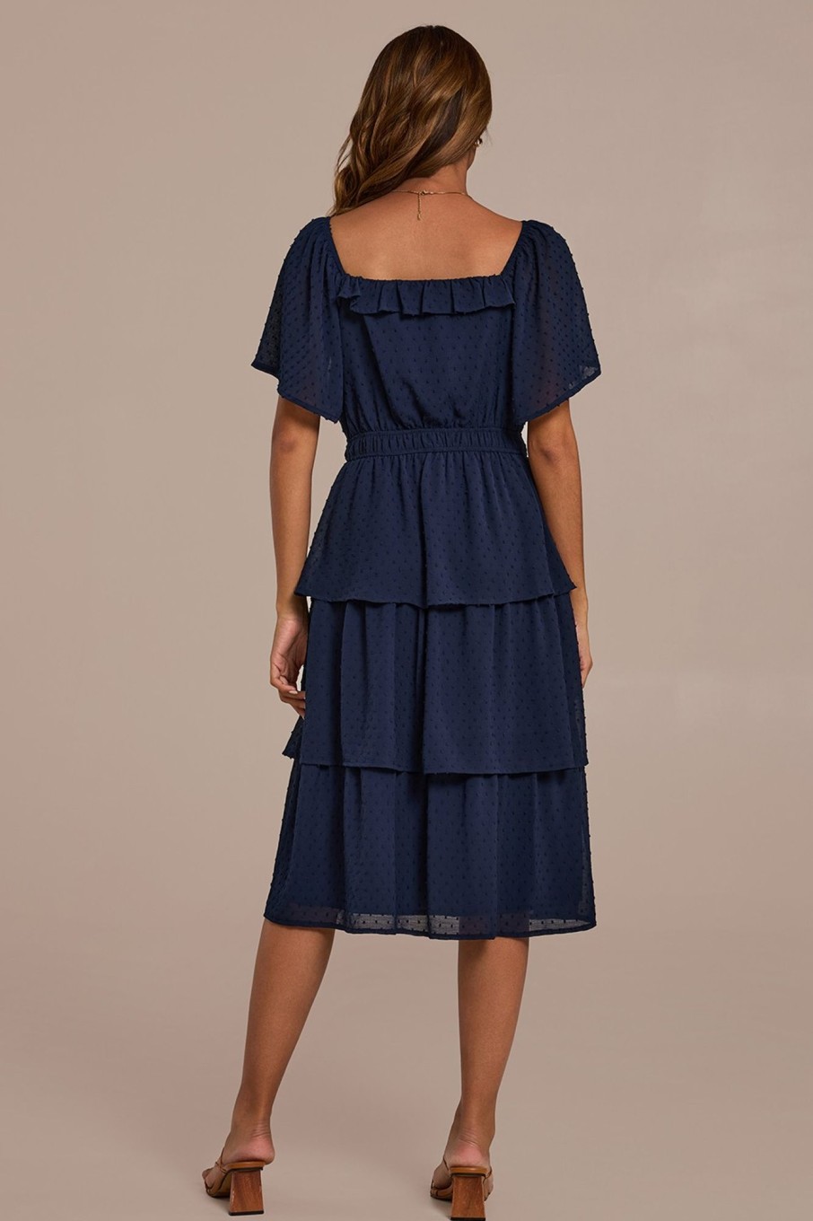 Clearance Short Sleeve Square Neck Tiered Midi Dress Dark Blue