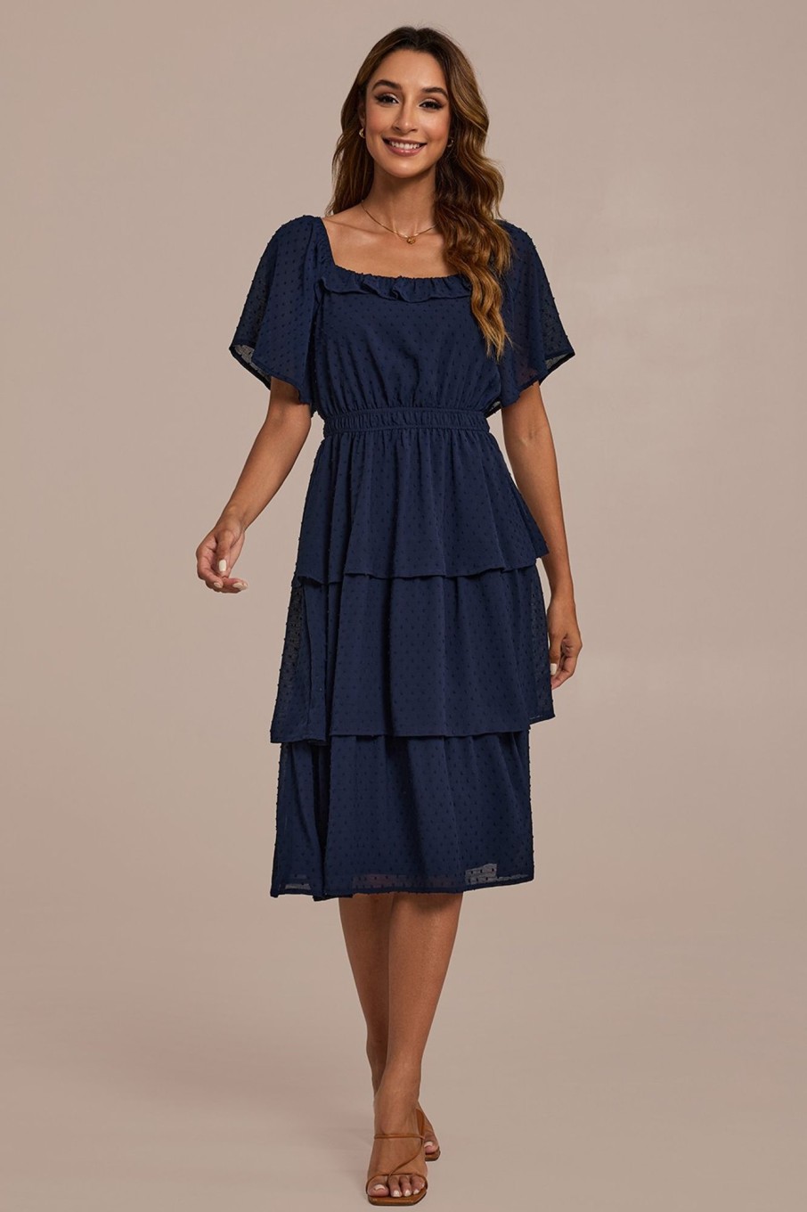 Clearance Short Sleeve Square Neck Tiered Midi Dress Dark Blue