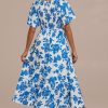 Wholesale Floral Short Sleeve V Neck Smocked Midi Dress Blue