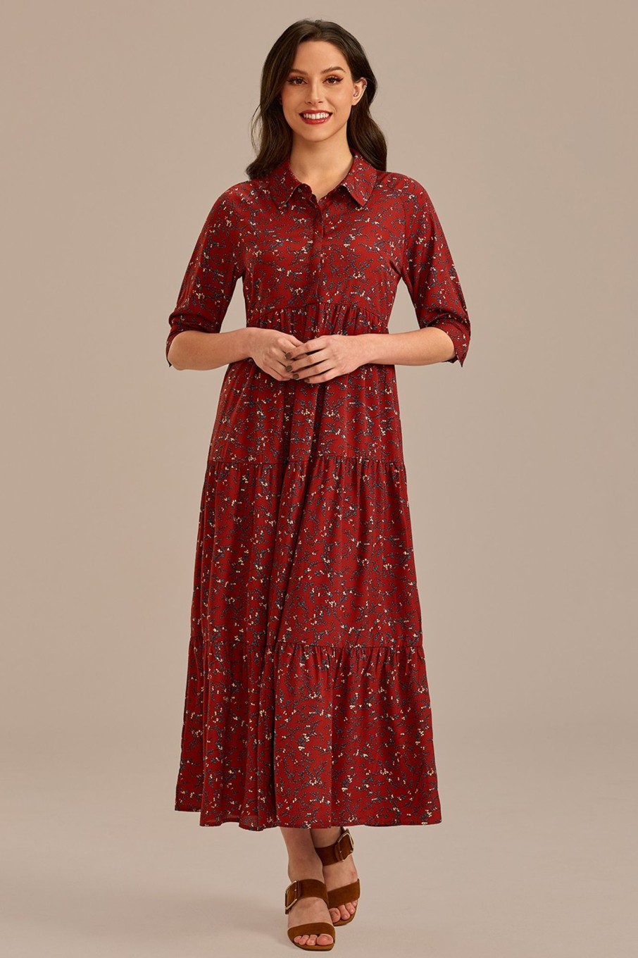 Online Floral Half Sleeve V Neck Maxi Dress Rust