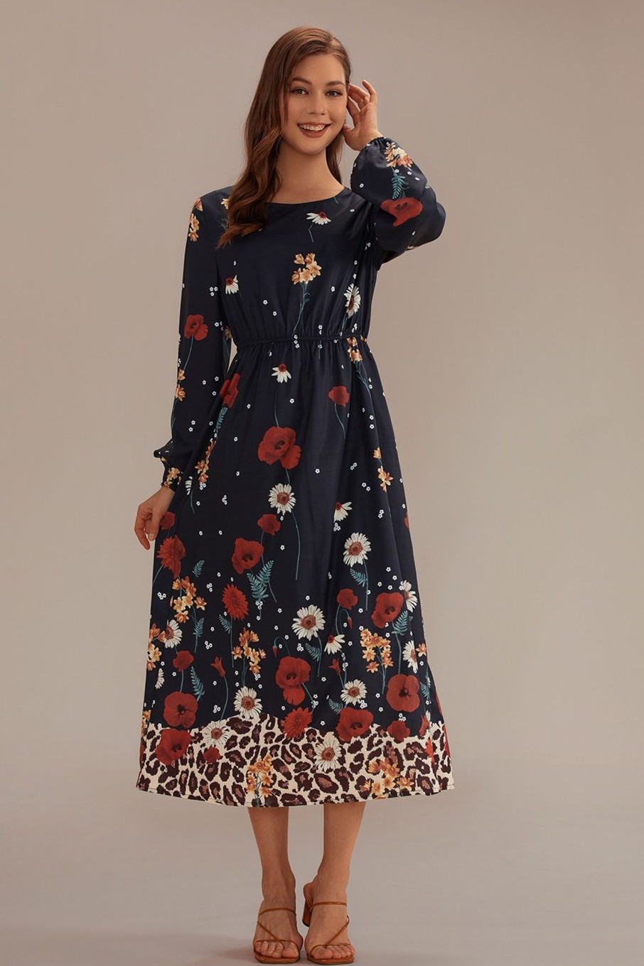 New Floral Long Sleeve Round Neck Maxi Dress Multicolor