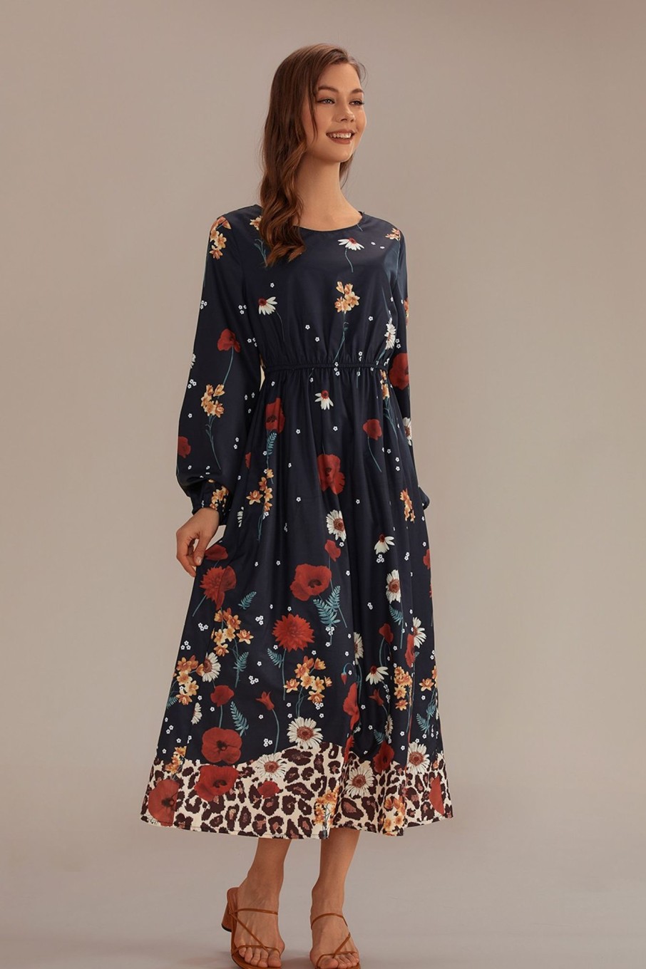 New Floral Long Sleeve Round Neck Maxi Dress Multicolor