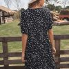 Wholesale Floral Short Sleeve Round Neck Midi Dress Black