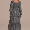 Wholesale Floral Long Sleeve Square Neck Smocked Tiered Midi Dress Black