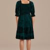 Wholesale Short Puff Sleeve Square Neck Smocked Midi Dress Green